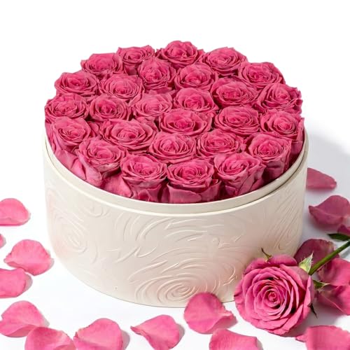 Pink Preserved Roses in Round Box - 27 Real Flowers Gift for Her