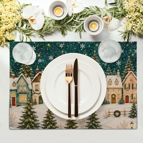 Giwawa Xmas Village House Placemats Set of 4 12x18 Inch Linen Winter Snowflake Decor