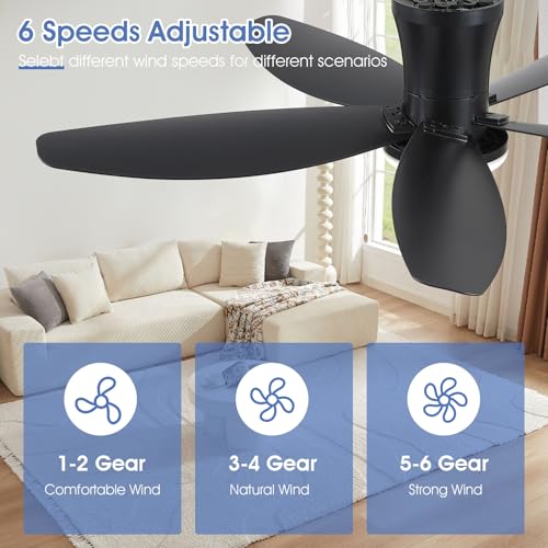 42-Inch Ceiling Fan with Lights and Remote, Low Profile Flush Mount, Reversible DC Motor, Black