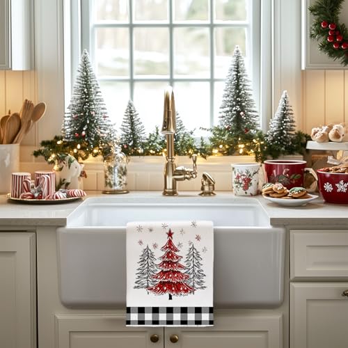 Arkney Christmas Kitchen Towels Set of 2 - 18x26in Red Tree Snow Towels