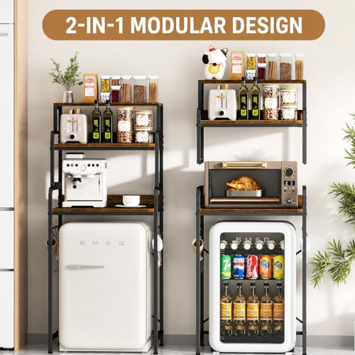 MILEFA Rustic Brown 4-Tier Mini Fridge & Microwave Stand with Side Hooks