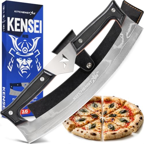 Gray 16-Inch KitchenStar Rocker Pizza Cutter with Damascus Steel Blade & Leather Sheath