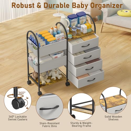 Nylaira Grey Baby Diaper Caddy Organizer Cart with Wheels - 4-Tier Nursery Storage