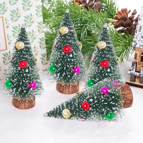 Yookat 3.9 Inch Mini Green Christmas Trees with Wooden Bases, 12 Pack