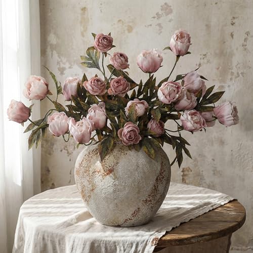 Artificial Peony Flowers Set - 12 Faux Silk Stems for Vase Decor - Brownish Variation