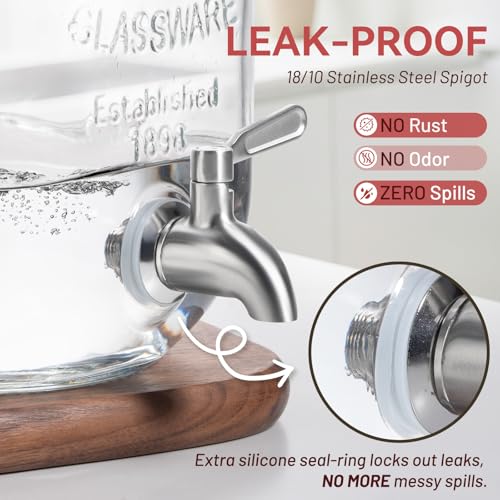 2 Pack Glass Drink Dispensers 1 Gallon with Stainless Steel Spigot & Filter - Leakproof for Parties