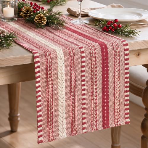 Artoid Mode Xmas Red Farmhouse Stripe Braided Table Runner 12x120 Inch
