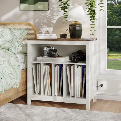ChooChoo Antique White Large Record Player Stand with Charging Station & LED Light