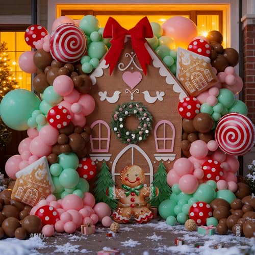 GIHOO Red Brown Christmas Gingerbread Balloon Arch Kit 146pcs Holiday Decor