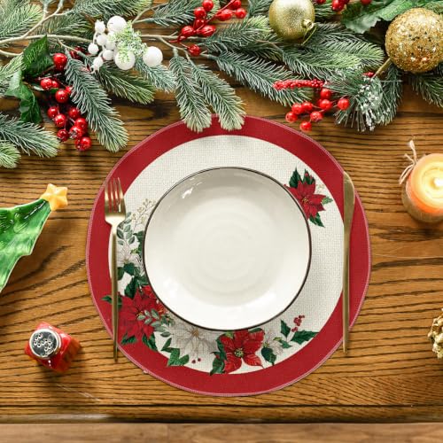 Artoid Mode Beige Leaves Poinsettia Round Placemats Set of 6 14 Inch Christmas Table Decor