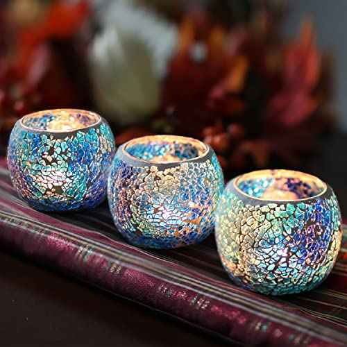 Romantic Mosaic Cracked Candle Holders(NO Candles) Wedding Dinner by Candlelight,Handmade Tea Light Holders Candlescape Bowl for Valentine's,Christmas Table Centerpiece,Party Decor 1 PC(Blue)