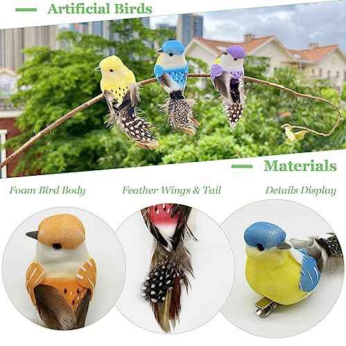 LWINGFLYER 12pcs Clip on Artificial Birds Small Feather Birds Ornament for Spring Tree Decoration Wreaths Crafts Floral Arrangements (Model - Y18)