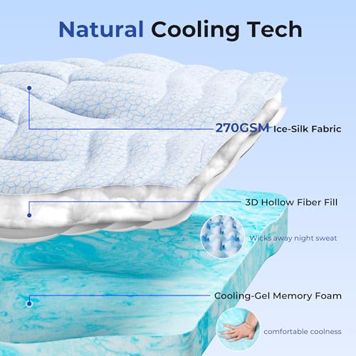 Cooling Memory Foam Mattress Topper King Size - Dual Layer Gel & Ice Silk Cover - Back Pain Relief