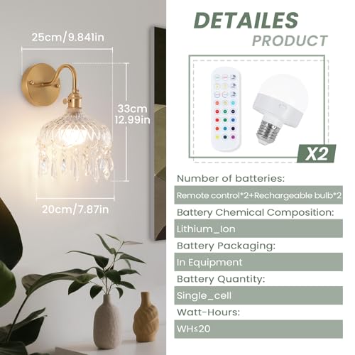 Crystal-2pack Vintage Wireless Wall Sconces with Remote, Rechargeable Battery, Antique Brass Finish, 9.05in - Set of Two