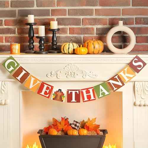 Thanksgiving Wooden Banner, Give Thanks Decor, Happy Fall Thanksgiving Mantle Fireplace Decorations