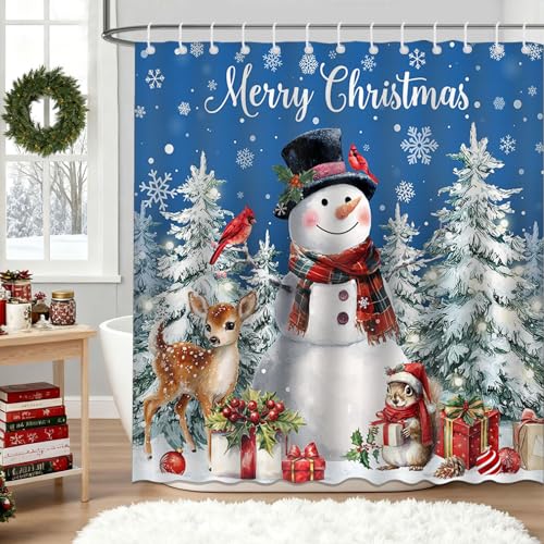Mocsicka Blue Christmas Snowman Shower Curtain 72x72 Inches Waterproof Fabric Holiday Decor with 12 Hooks
