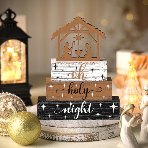 Geelin 4 Pcs Christmas Nativity Wooden Signs - Oh Holy Night, Jesus Theme Decor Set