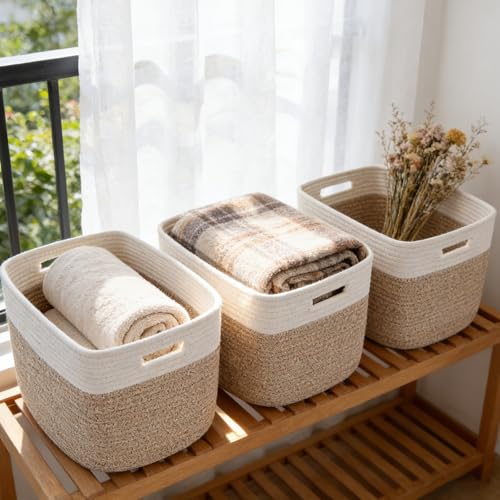 3 Pack White and Brown Woven Storage Baskets with Handles - Home Organization