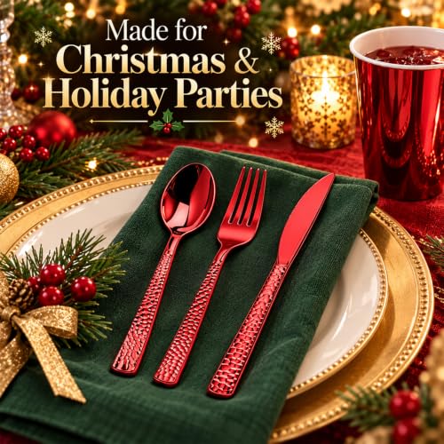 MiraFure 150 Count Red Hammered Heavy Duty Plastic Cutlery Set - 50 Forks, 50 Spoons, 50 Knives (Variation: 150 Count Red Set)