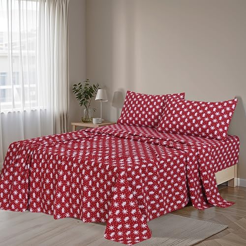 RUVANTI 100% Cotton Flannel Sheets Queen 4-Piece Set, Red Christmas