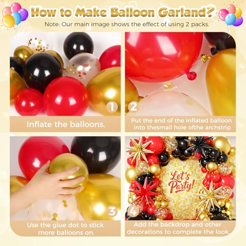 153Pcs Red and Black Gold Balloons Garland Arch Kit with Stars - 22 18 12 10 5 inch Different Latex Balloons for Anniversary Casino Night Hollywood New Years Movie Night Prom Party Decorations