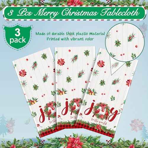 3Pcs Christmas Plastic Tablecloths, Disposable Rectangle Holly Garland Table Covers Joy to The World Poinsettias and Holly Berry Table Cloth for Xmas Winter Party Decorations and Supplies,54x108inch