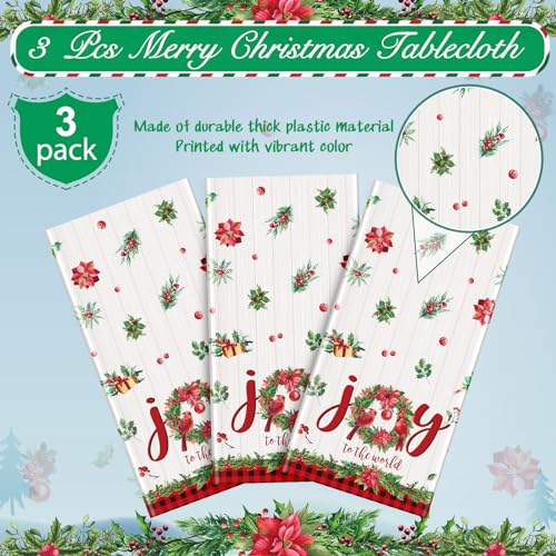 3Pcs Christmas Tablecloths Red White 54x108in Disposable Holly Berry Joy to the World