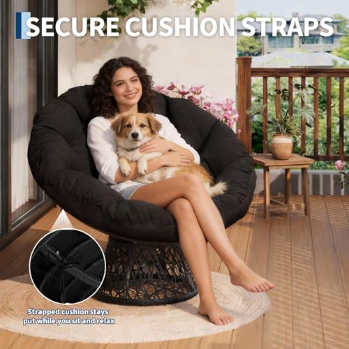 Garvee 40-Inch Black Ergonomic Wicker Papasan Chair with Thick Cushion