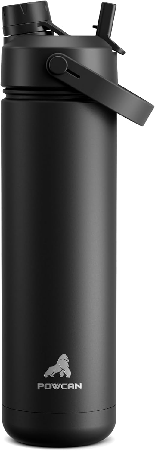 POWCAN Insulated Water Bottle - 26 oz Stainless Steel with 2-in-1 Straw & Spout Lid | Keeps Drinks Cold 24H, Leak-Proof, Fits Car Cup Holder (Dark Knight)
