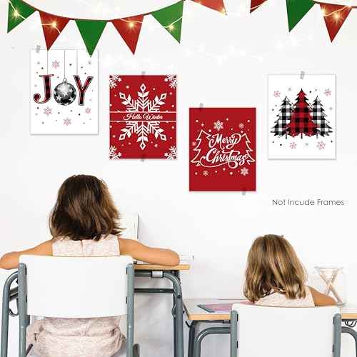 BESERH Red Christmas Wall Decor, Joy Christmas Buffalo Plaid Trees Snowflakes Posters Wall Art Prints, Christmas Pictures Wall Decor, Christmas Wall Decorations, 8x10 Inches Set of 4 Unframed