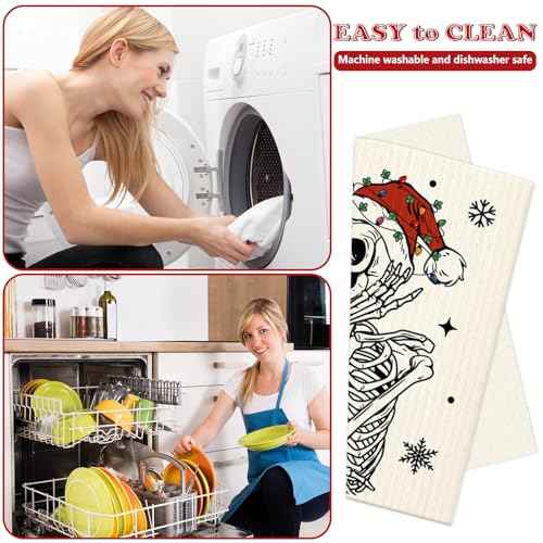 Whaline 4Pcs Christmas Swedish Dishcloth Xmas Dancing Skeleton Cotton Kitchen Towel Absorbent Dish Towel for Winter Holiday Housewarming Farmhouse, 7 x 8 Inch