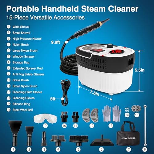 15-in-1 Steam Cleaner for Home & Car Deep Cleaning, Fast Heat-Up