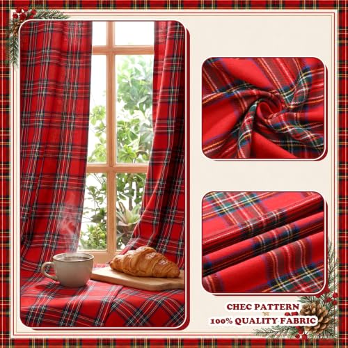 HunnmingRe Red Christmas Tartan Plaid Curtains 52 x 84 Inches – Holiday Window Drapes