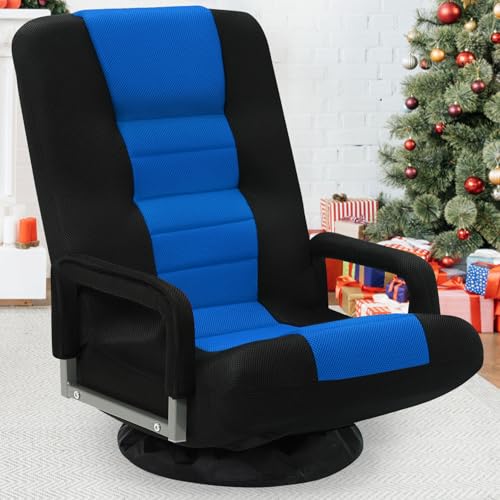 Blue Swivel Floor Gaming Chair with Armrests & Reclining 6-Position Lazy Lounger