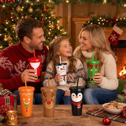 Kochorie 48 Pcs Christmas Plastic Cups with Lids & Straws, 24oz with 6 Designs (Christmas Mixed)