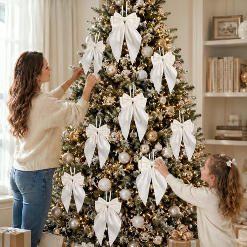 Norme White Satin Bow for Christmas Tree - Long Tail Holiday Decor (12 Pack)