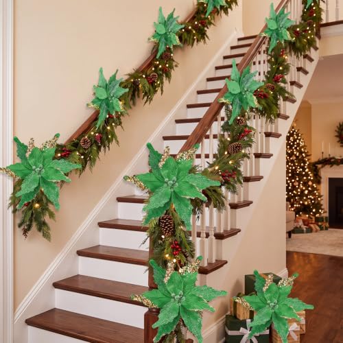 Giegxin Green 12-Inch Christmas Glitter Poinsettia Artificial Flowers - 8 Pack