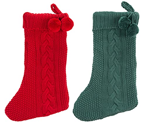 Set of 2 Nutmeg Red & Green 19-inch Christmas Stockings with Pom-Poms, Holiday Home Decor