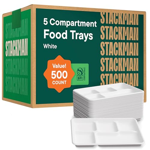 10 Inch Compostable Paper Food Tray with 5 Compartments - Bulk 500-Pack