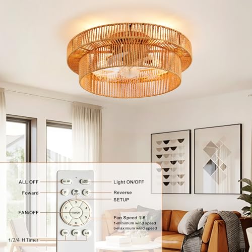 Natural Brown 20 Inch Boho Ceiling Fan with Light and Remote - Reversible 6-Speed Indoor Fandelier