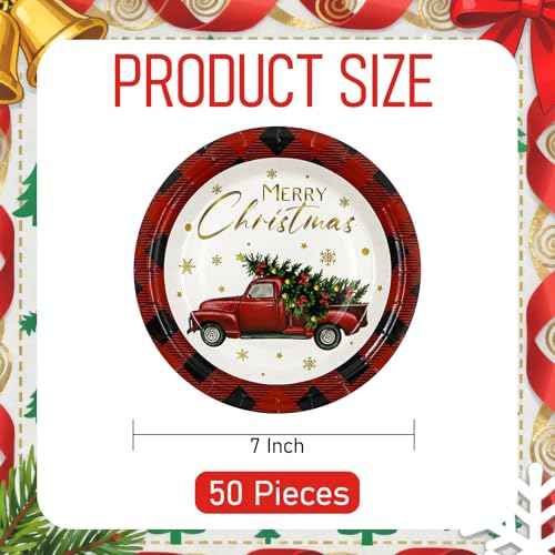 50 PCS Christmas Paper Plates, 7'' Christmas Party Plates, Disposable Red Truck Tree Design Merry Xmas Holiday Dinnerware for Xmas Party Supplies Winter Decorations