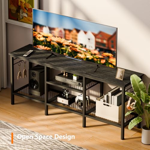 Furologee TV Stand with Open Shelves and Hooks - Black Oak, 47 Inch