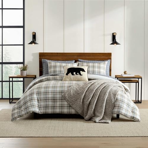 Queen Size Comforter Set with Shams - Ashland Plaid Brown - Rustic Bedding
