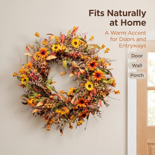 24 Inch Fall Wreath with Sunflowers Berries & Leaves - Autumn Harvest Door Decor