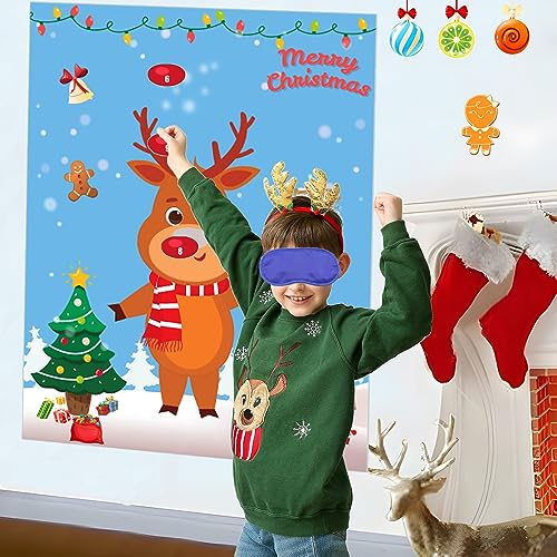Christmas Reindeer Pin the Nose Party Game with 24 Stickers Kids & Adults