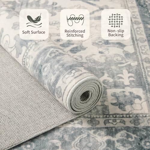 Blue & Grey 8x10 Boho Vintage Area Rug - Washable Non-Slip Living Room Carpet