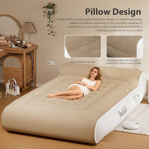 Queen Air Mattress with Built-In Pump - Khaki & White, 16-inch, Supportive & Durable