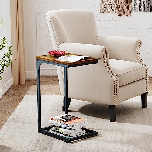 QEEIG C-Shaped End Tables Set of 2, Brown, 11.8 x 15.7 x 25.6 inches, Sofa Side Tables for Living Room & Bedroom
