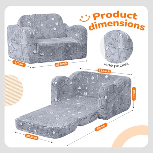 MeMoreCool Gray Glow in the Dark Dinosaur Kids Couch & Bed, Fold-Out Toddler Sofa