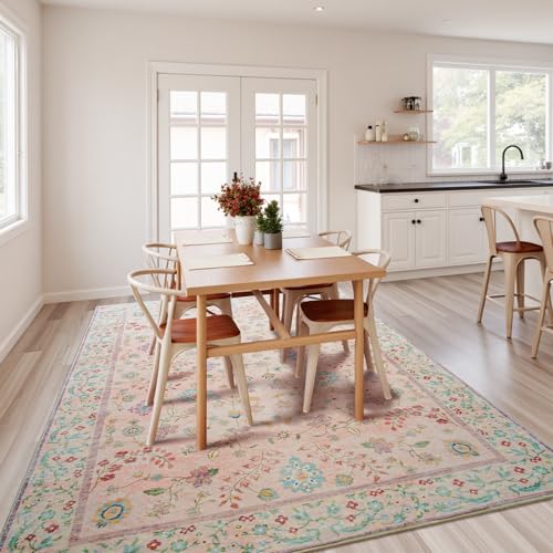 8x10 Pale Pink Floral Rug for Girls Room Non Slip Washable Boho Low Pile Carpet